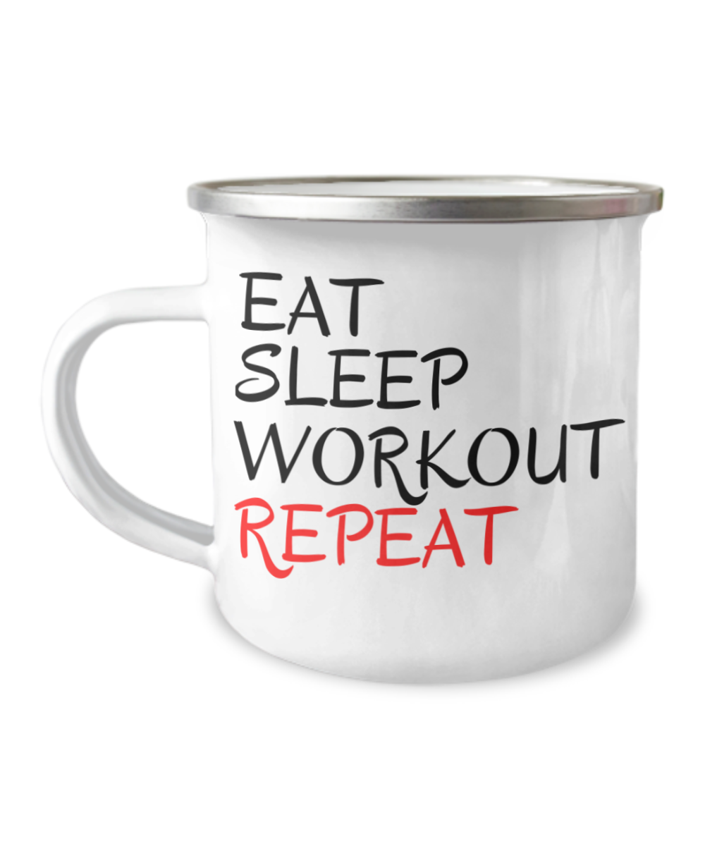 Eat Sleep Workout Repeat, Workout Coffee Mug, Gym Coffee Mug, Fitness Lover Mug- 12 Oz Stainless Steel Enamel Finish White Camper Coffee Mug