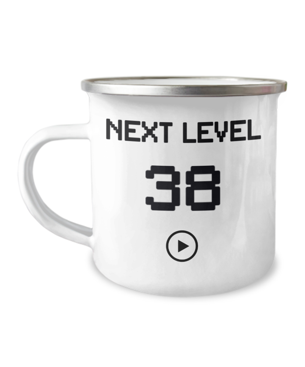 38th Birthday Special Gift Coffee Mug, Next Level 38, Gamer Coffee Mug, Birthday Mug- 12 Oz Stainless Steel Enamel Finish White Camper Coffee Mug