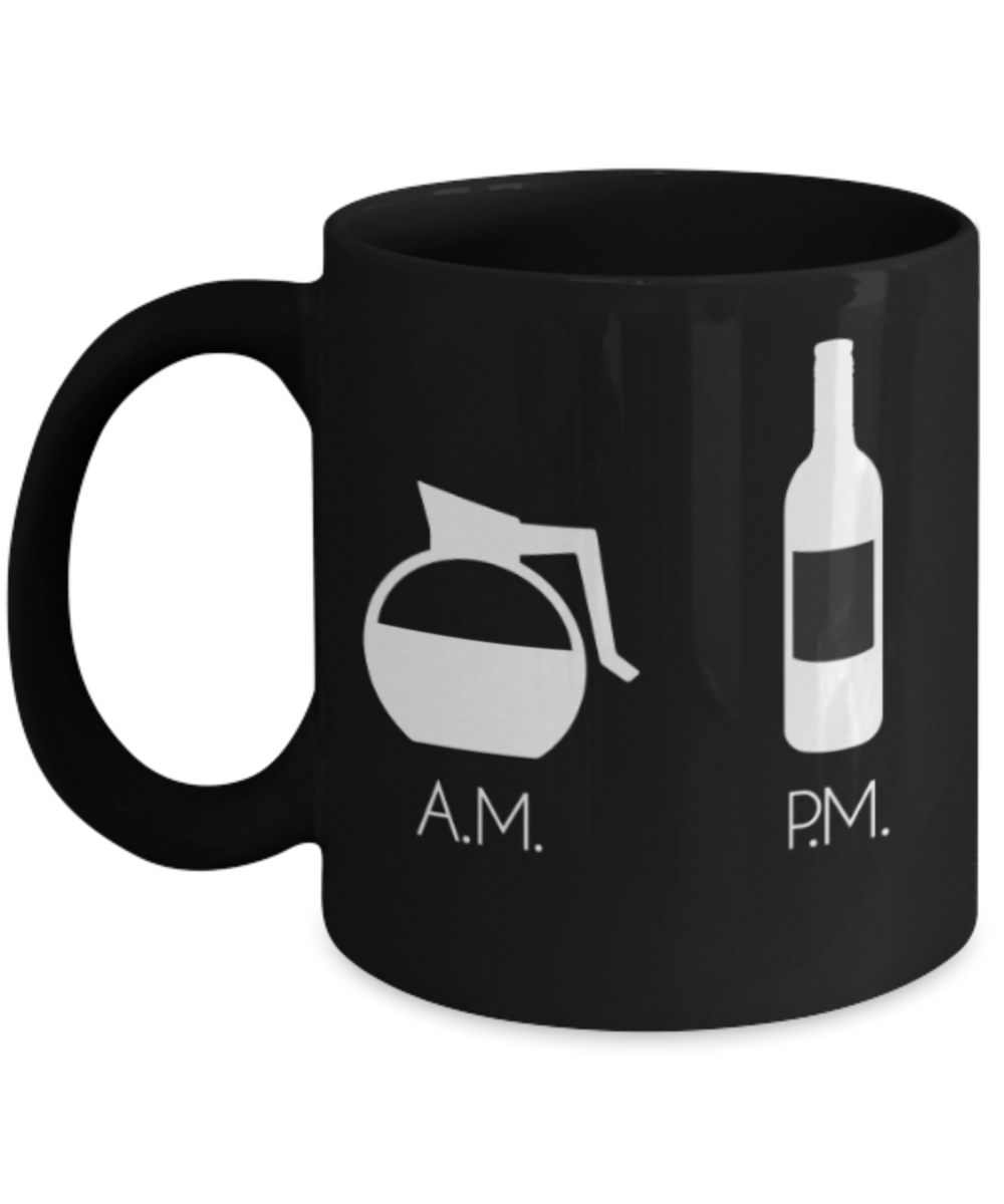 Food Lovers mugs , AM PM - Black Coffee Mug Porcelain Tea Cup 11 oz - Great Gift