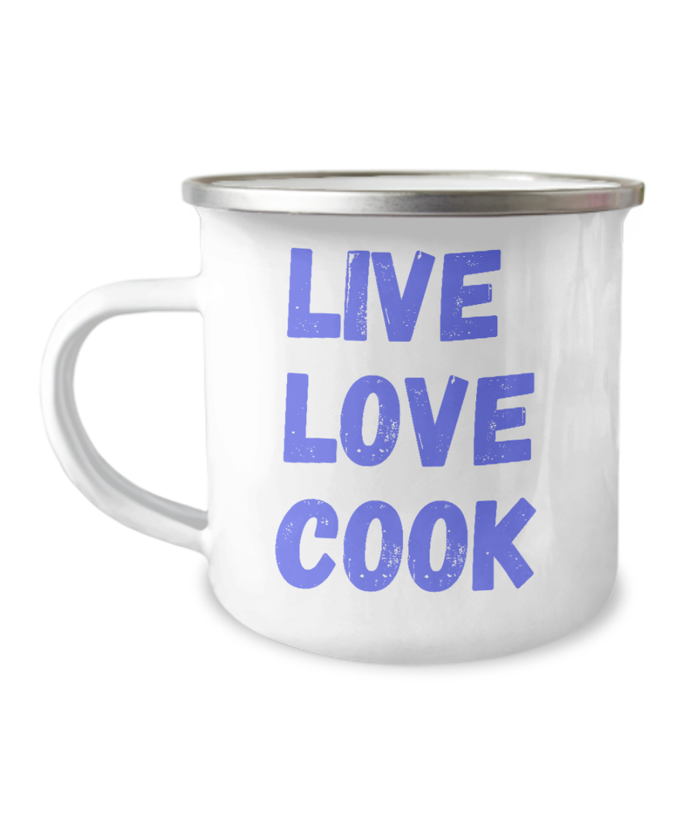 Love Cooking Coffee Mug, Chef mug, Cooking love, Live, Love, Cook -12 Oz Stainless Steel Enamel Finish White Camper Coffee Mug
