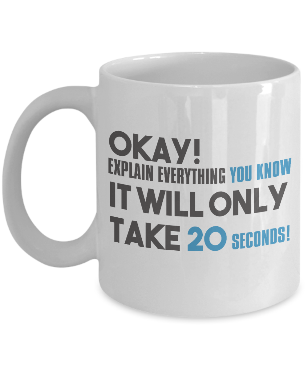 Okay Explain Everything You Know It Will Only Take 20 Seconds- White Porcelain Coffee Mug 11 Oz Funny Quotes Coffee Mug