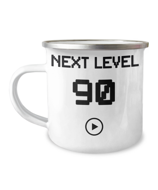 90th Birthday Coffee Mug, Next Level 90, Gamer Coffee Mug, Birthday Mug- 12 Oz Stainless Steel Enamel Finish White Camper Coffee Mug