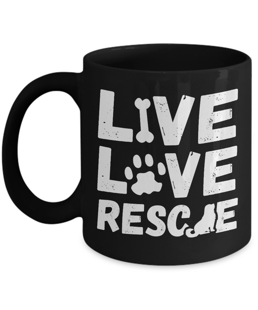 Dog Lover Coffee Mug, Live Love Rescue - Black Porcelain Coffee Mug 11 Oz For Dog Lover, Dad, Mom