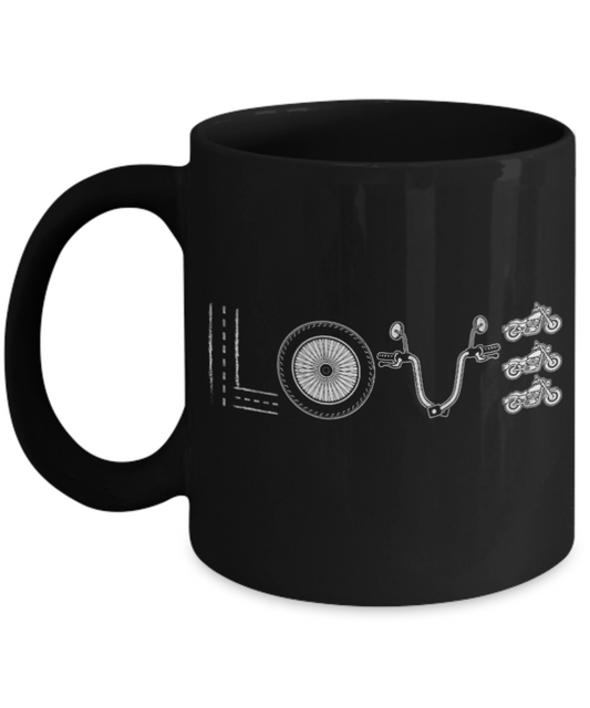 Bike Lovers Mugs , Bike Love - Black Coffee Mug Porcelain Tea Cup 11 oz - Great Gift
