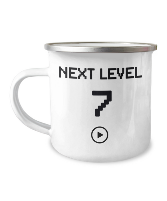 7th Birthday Gift Coffee Mug For Kids, Next Level 7, Gamer Coffee Mug, Birthday Mug- 12 Oz Stainless Steel Enamel Finish White Camper Coffee Mug