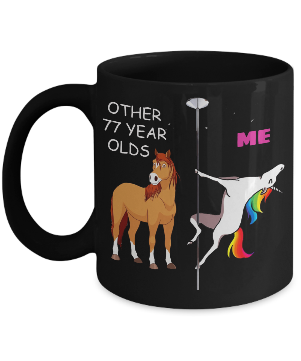 77th Birthday Gift for Women - Other 77 Year Olds Me Unicorn Coffee Mug - Black Porcelain Coffee 11 oz for Grandma, Mom, Sister, Best Friend, Women, Her - Born In 1943