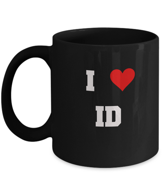 Idaho Mug, I Love Idaho ID Abbreviation USA States Ceramic Black Coffee Mug Tea Cup Gifts Mugs 11 oz Funny Mugs