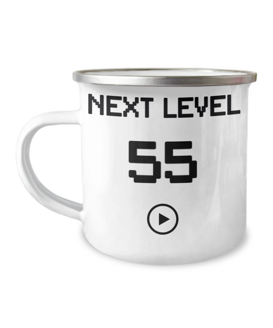 55th Birthday Coffee Mug, Next Level 55, Gamer Coffee Mug, Birthday Mug- 12 Oz Stainless Steel Enamel Finish White Camper Coffee Mug