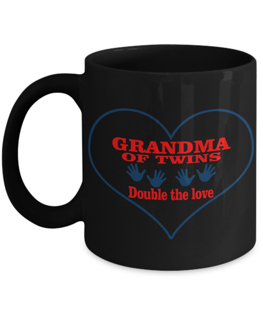 Grandma Personalized Coffee mug, Grandma Of  Twins, Double The Love-Black Porcelain Coffee Mug 11 oz