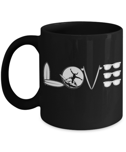Surfing Lovers Mugs , Love Surfing - Black Coffee Mug Porcelain Tea Cup 11 oz - Great Gift