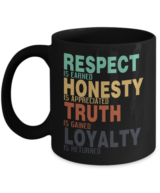 Respect Is Earned Honesty Is Appreciated Truth Is Gained Loyalty Is Returned- Black Porcelain Coffee Mug 11 Oz Funny Quotes Coffee Mug