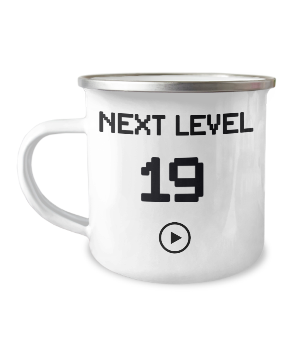 19th Birthday Special Gift Coffee Mug, Next Level 19, Gamer Coffee Mug, Birthday Mug- 12 Oz Stainless Steel Enamel Finish White Camper Coffee Mug
