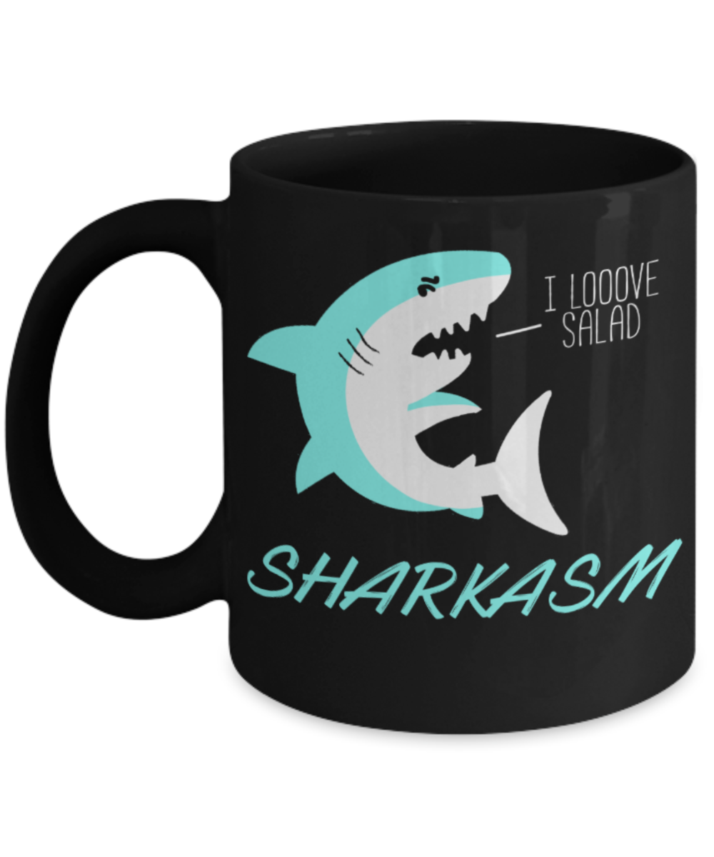 Shark Lovers Mugs , Sharkasm - Black Coffee Mug Porcelain Tea Cup 11 oz - Great Gift