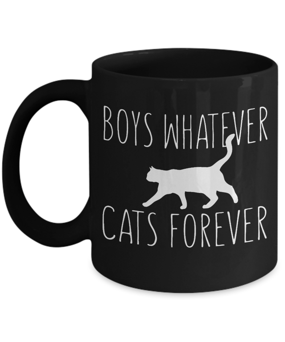 Cat Lover Coffee Mug, Boys Whatever Cats Forever- Black Porcelain Coffee Mug 11 Oz for cat lover, mom, dad