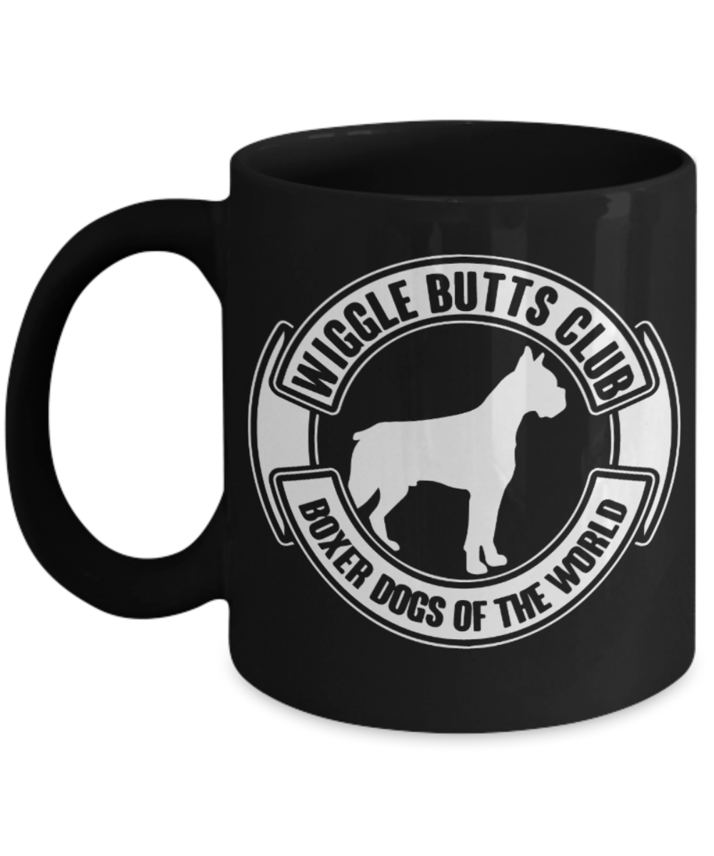 Gift gor dog lovers , Wiggle Boxer Dogs - Black Coffee Mug Porcelain Tea Cup 11 oz - Great Gift