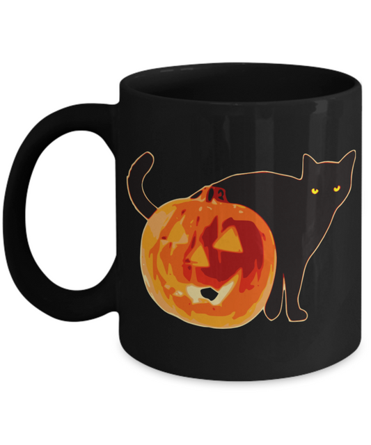 Halloween Cat Mug - Black Porcelain Coffee Cup,Premium 11 oz Black coffee cup