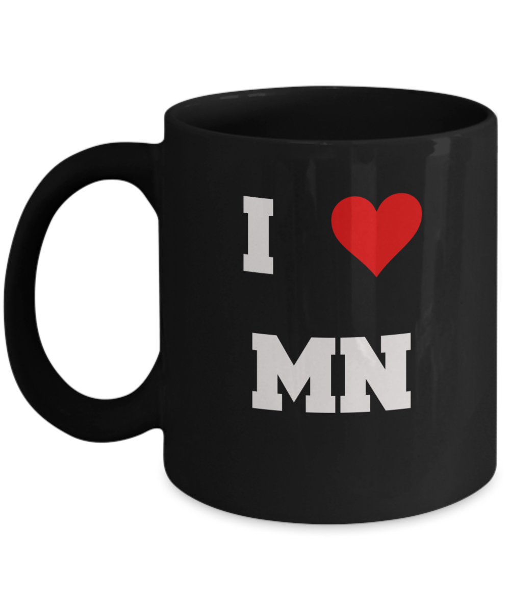 Minnesota Mug, I Love Minnesota MN Abbreviation USA States Ceramic Black Coffee Mug Tea Cup Gifts Mugs   11 oz Funny Mugs