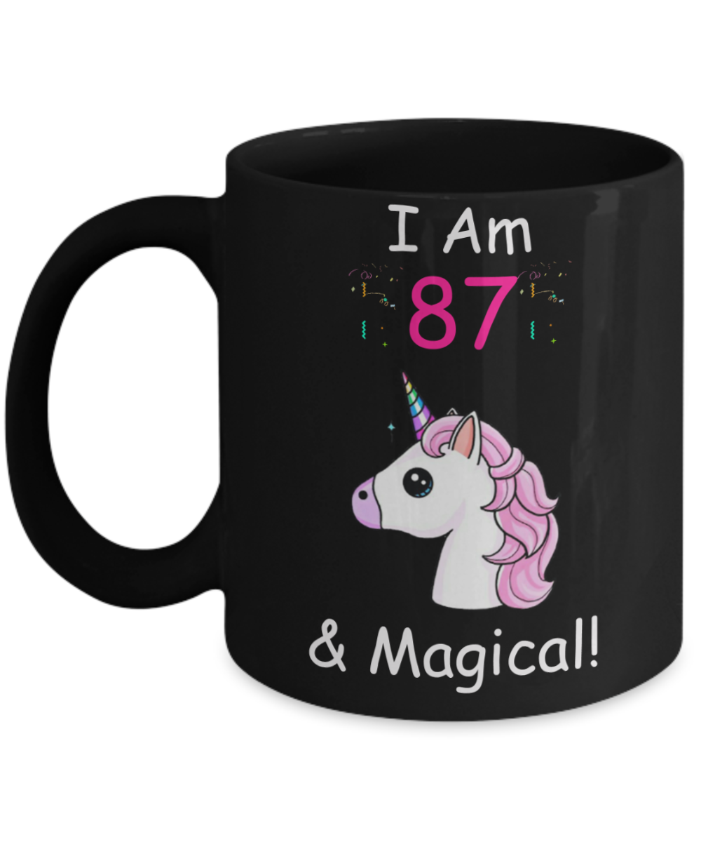 Unicorn Birthday gift 87th Birthday Gift for Women - I Am 87 & Magical Unicorn Mug - Funny Black Porcelain Coffee 11 oz - Born In 1933