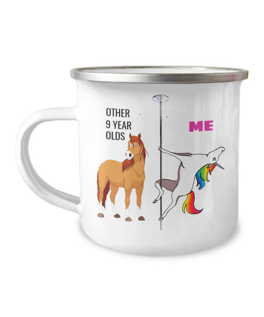 9th Birthday Unicorn Camper  Coffee Mug - Other 9 Year Olds Me Unicorn Coffee Mug -12 Oz Stainless Steel Enamel Finish White Camper Coffee Mug