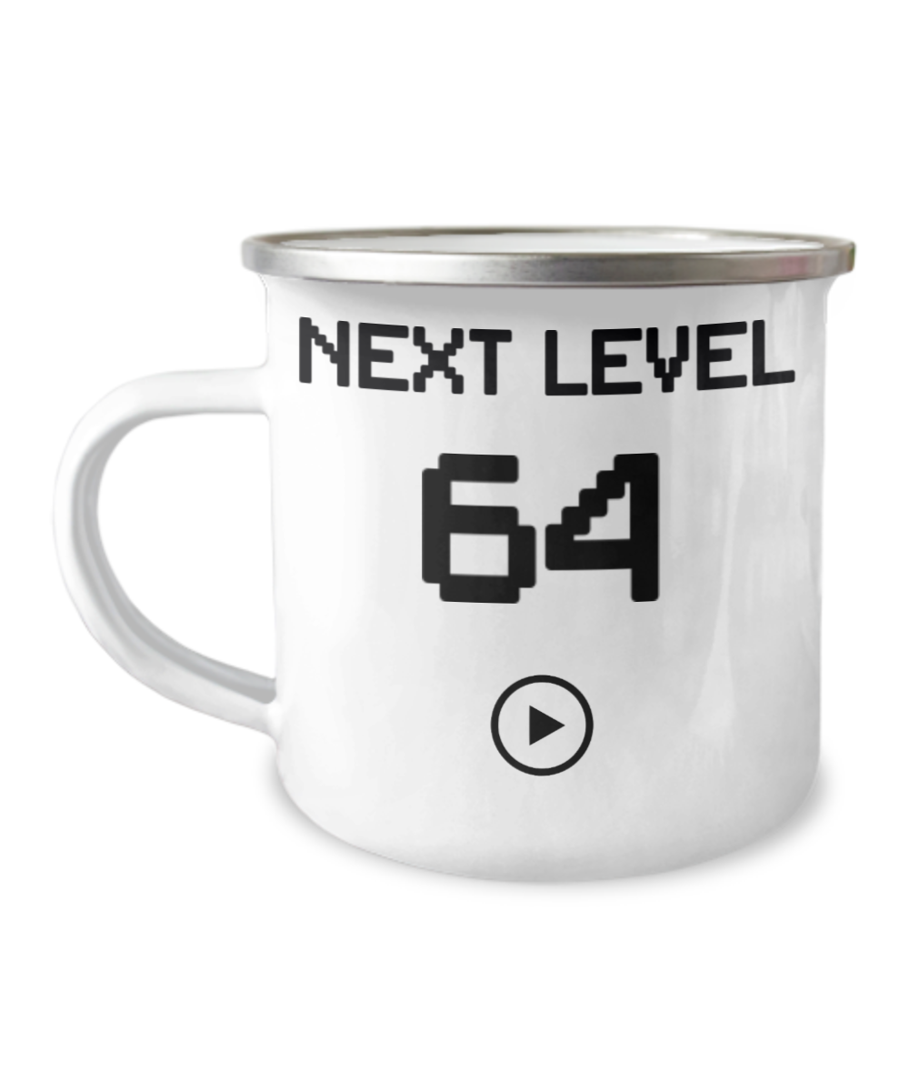 64th Birthday Coffee Mug, Next Level 64, Gamer Coffee Mug, Birthday Mug- 12 Oz Stainless Steel Enamel Finish White Camper Coffee Mug
