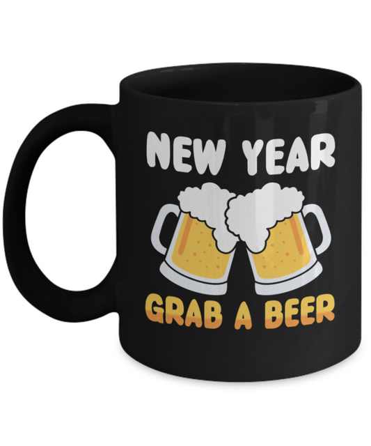 New Year gifts mugs, New Year Grab a beer - Funny Black Porcelain Coffee Mug Cute Ceramic Cup 11 oz