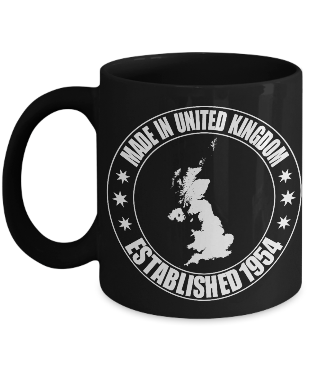 Born in 1954 Birthday Coffee mug,Made in UK established in 1954-Black Coffee Mug 11 oz