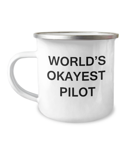 World's Okayest Pilot Camper coffee mugs, Premium- 12 Oz Stainless Steel Enamel Finish White Camper Coffee Mug