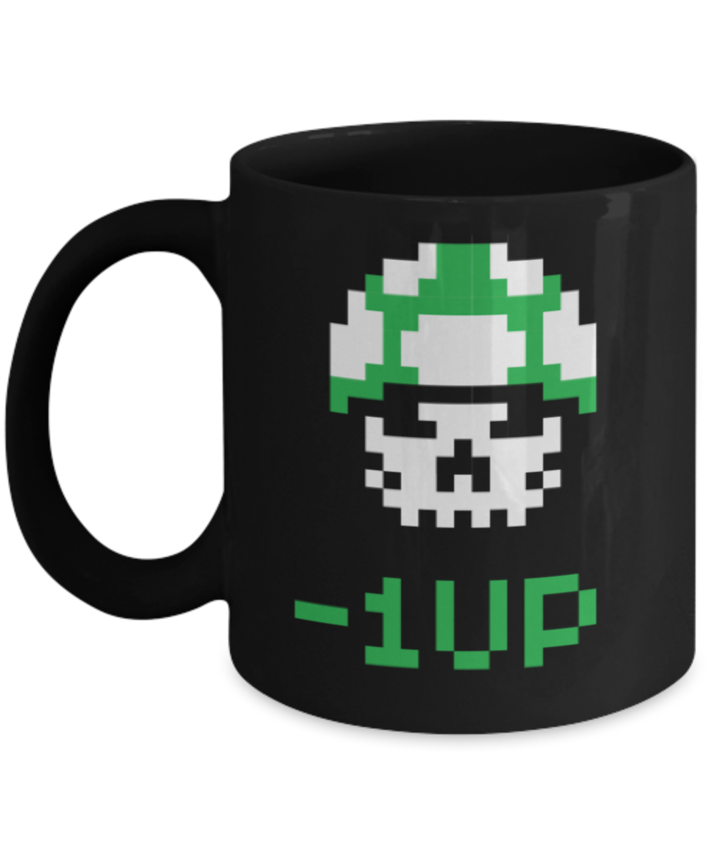 Games Lovers mugs, Negative 1 Up - Black Coffee Mug Porcelain Tea Cup 11 oz - Great Gift