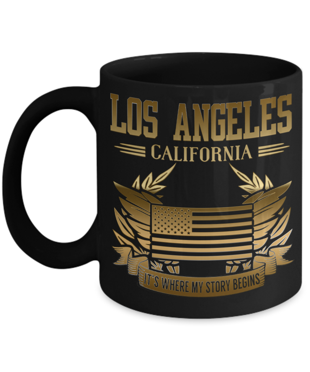 Los Angels California, It's Where My Story Begins- Black Porcelain Coffee Mug 11 Oz Funny Quotes Coffee Mug