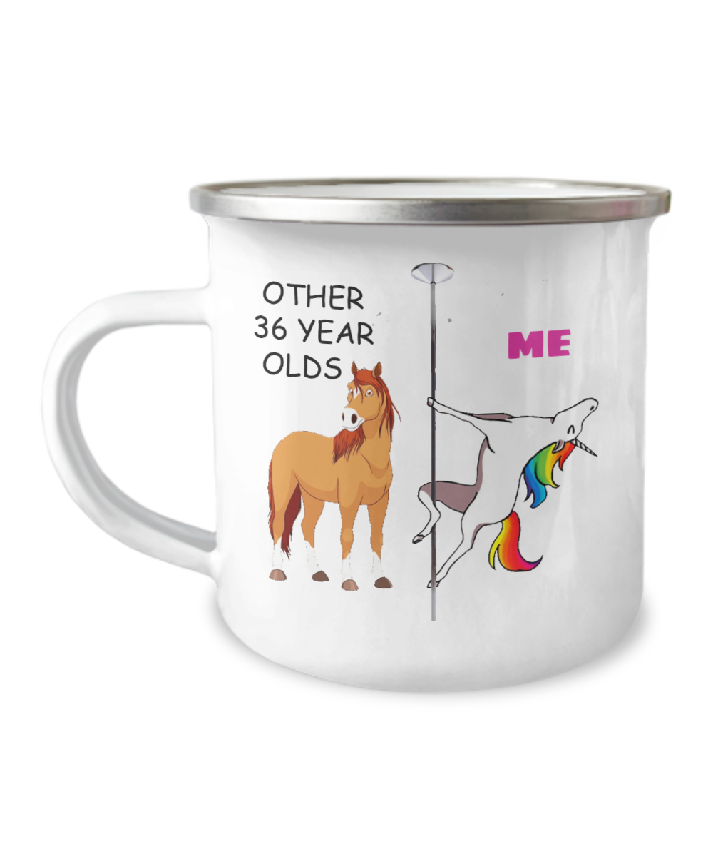 36th Birthday Unicorn Camper Coffee Mug - Other 36 Year Olds Me Unicorn Coffee Mug -12 Oz Stainless Steel Enamel Finish White Camper Coffee Mug