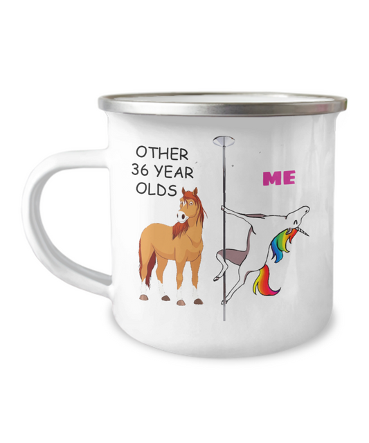 36th Birthday Unicorn Camper Coffee Mug - Other 36 Year Olds Me Unicorn Coffee Mug -12 Oz Stainless Steel Enamel Finish White Camper Coffee Mug