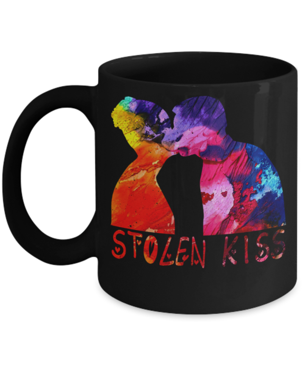 Coffee mugs for lovers, Stolen Kiss - Funny Black Porcelain Coffee 11 oz