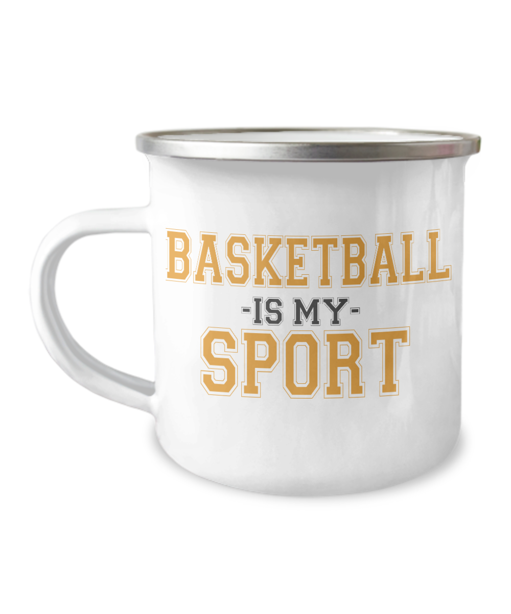 Basketball Player Gift Coffee Mug, Basketball Is My Sport -12 Oz Stainless Steel Enamel Finish White Camper Coffee Mug