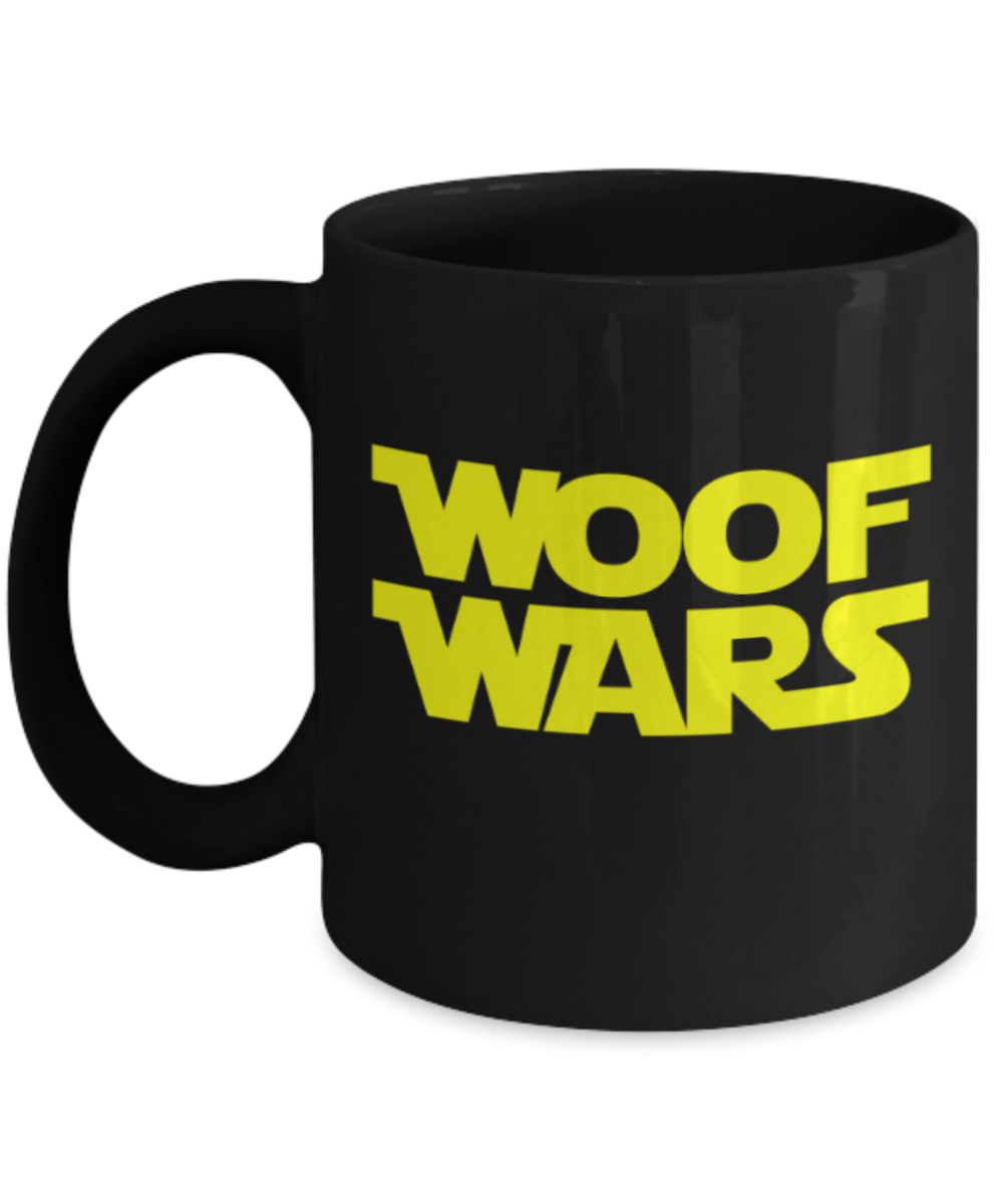 Gift gor dog lovers , Woof wars - Black Coffee Mug Porcelain Tea Cup 11 oz - Great Gift
