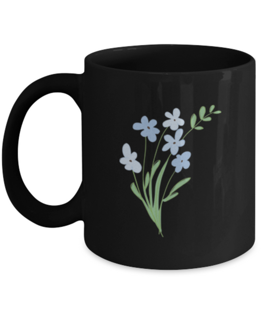 Bouquet Sprigs Blue Textured Black Mugs - Funny Black coffee mugs 11 oz