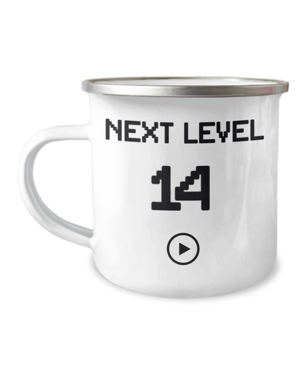 14th Birthday Gift Coffee Mug For Kids, Next Level 14, Gamer Coffee Mug, Birthday Mug- 12 Oz Stainless Steel Enamel Finish White Camper Coffee Mug