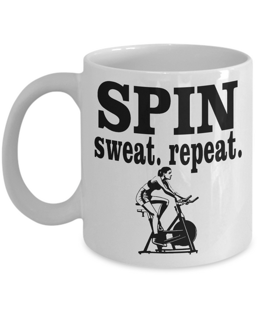 Workout Motivation Gift Coffee mug, Spin sweat. Repeat-White Porcelain Coffee Mug 11 oz For Sister,For Her,Fitness Freak,Birthday Gift