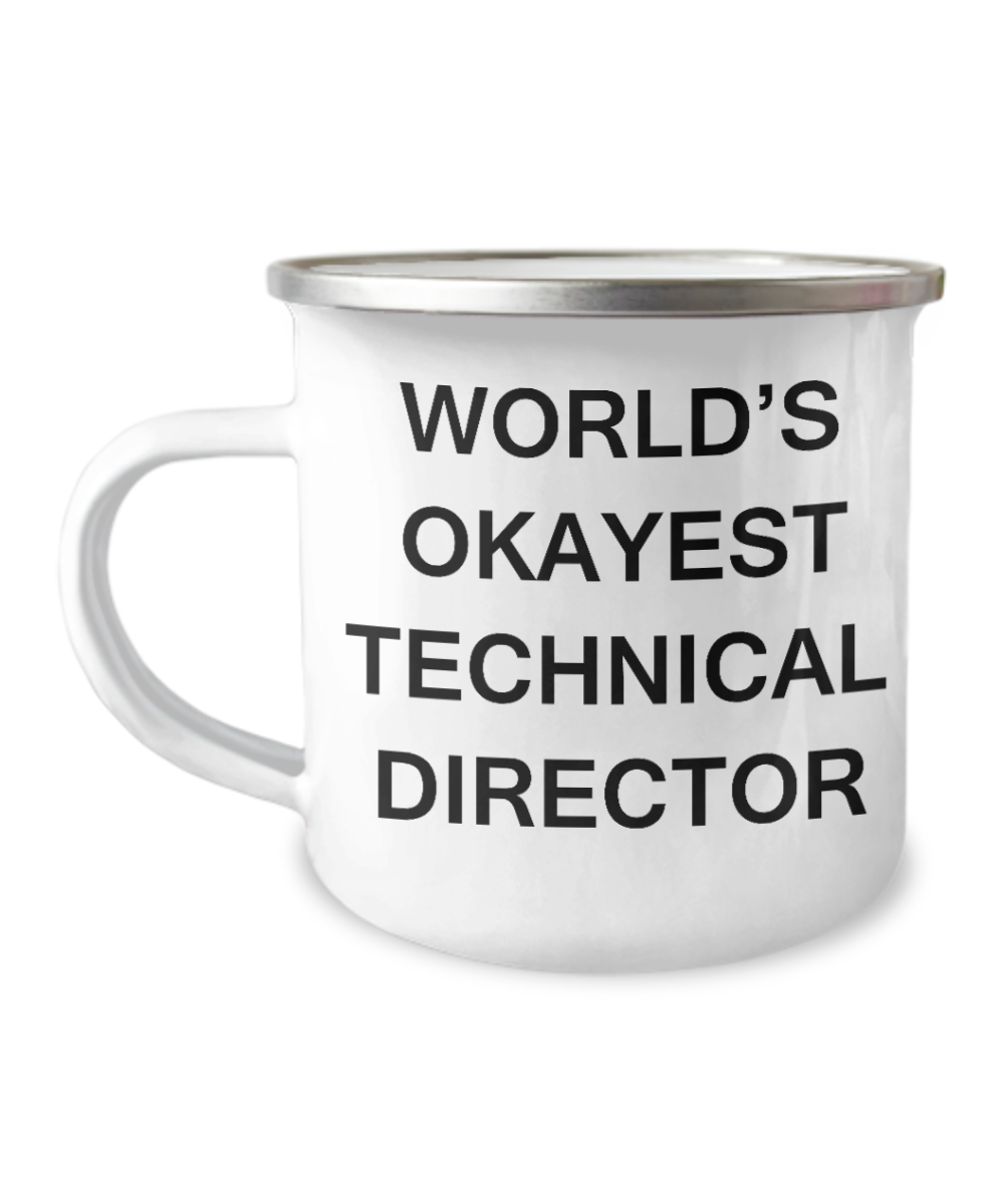 Tech Director Coffee mug - World's Okayest Technical  Director - 12 Oz Stainless Steel Enamel Finish White Camper Coffee Mug
