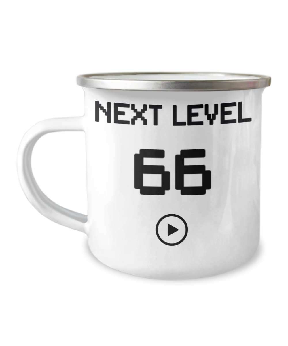 66th Birthday Coffee Mug, Next Level 66, Gamer Coffee Mug, Birthday Mug- 12 Oz Stainless Steel Enamel Finish White Camper Coffee Mug