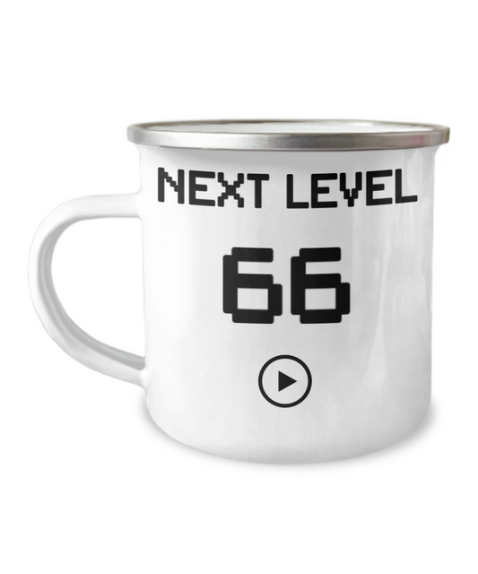 66th Birthday Coffee Mug, Next Level 66, Gamer Coffee Mug, Birthday Mug- 12 Oz Stainless Steel Enamel Finish White Camper Coffee Mug