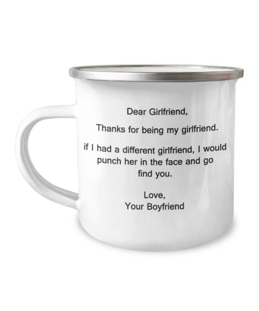 Dear Girlfriend Thank You for Being My Girlfriend - Girlfriend Coffee Mug-12 Oz Stainless Steel Enamel Finish White Camper Coffee Mug