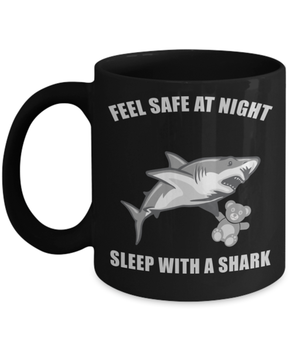 Shark Lovers Mugs , Sleep with a shark - Black Coffee Mug Porcelain Tea Cup 11 oz - Great Gift