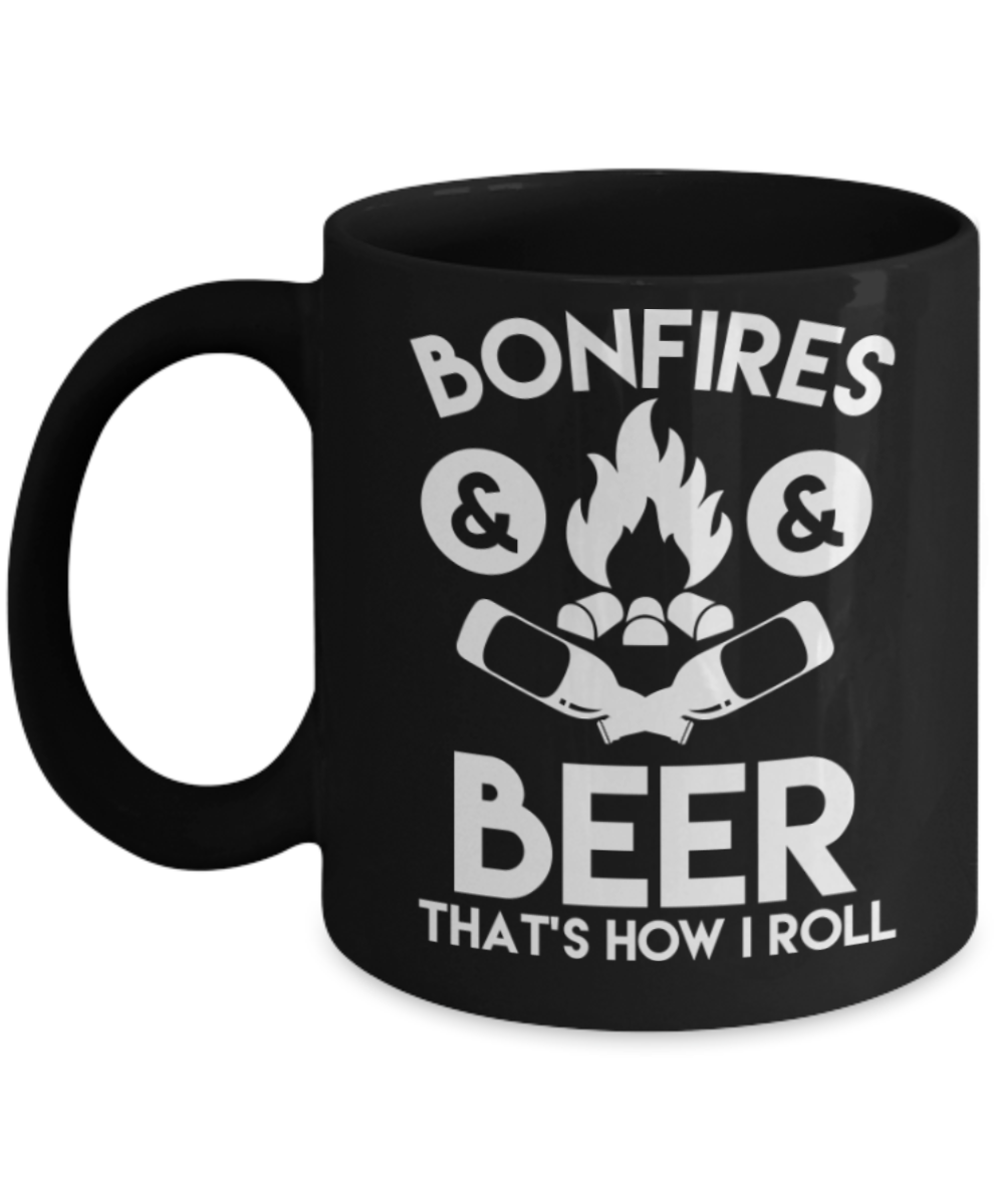Beer Lovers Gifts , Bonfires & Beer - Black Coffee Mug Porcelain Tea Cup 11 oz - Great Gift