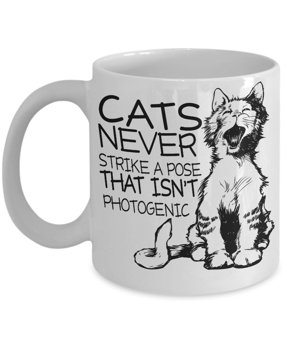 Cat Lover Coffee Mug, Cats Never Strike A Pose That Isn't Photogenic - White Porcelain Coffee Mug 11 Oz