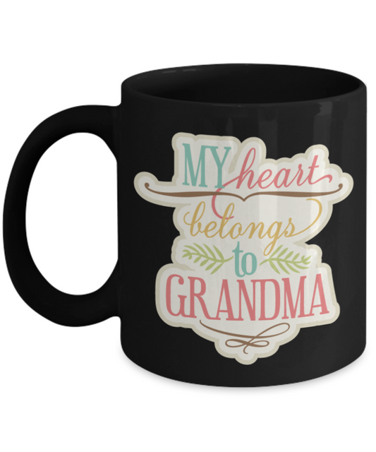 My heart belongs to GRANDMA Coffee Mug - Black Porcelain Coffee Cup,Premium 11 oz Black coffee cup