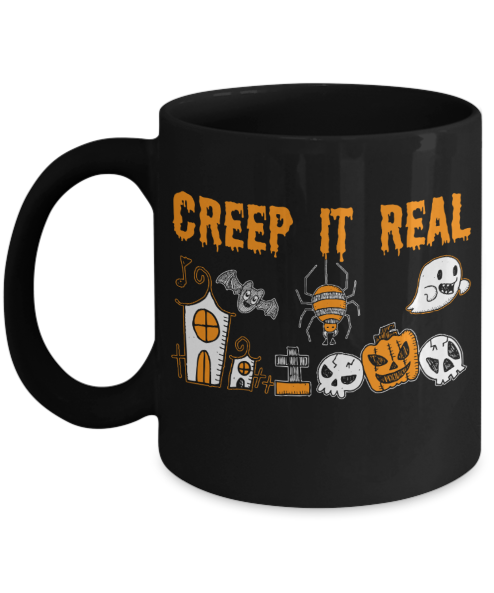 Halloween Lovers Mugs , Creep it real - Black Coffee Mug Porcelain Tea Cup 11 oz - Great Gift