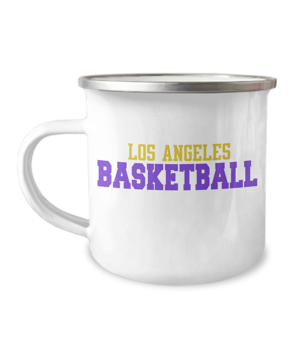 Basketball Player Coffee Mug, Los Angeles Basketball- 12 Oz Stainless Steel Enamel Finish White Camper Coffee Mug