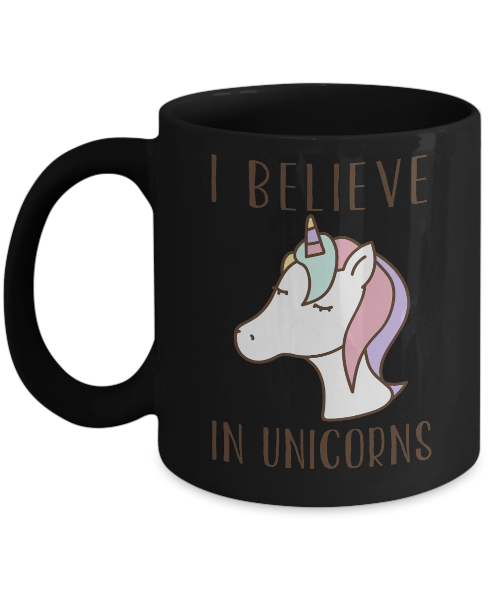 Cute Unicorn Coffee Mug, I Believe In Unicorns-Black Porcelain Coffee Mug 11 oz For Daughter,Teen,Women, Grandma