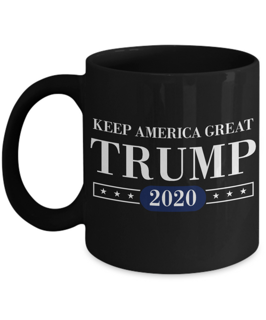 Trump 2020 Flag mugs, Keep America Great Trump 2020 - Funny Black Porcelain Coffee 11 oz