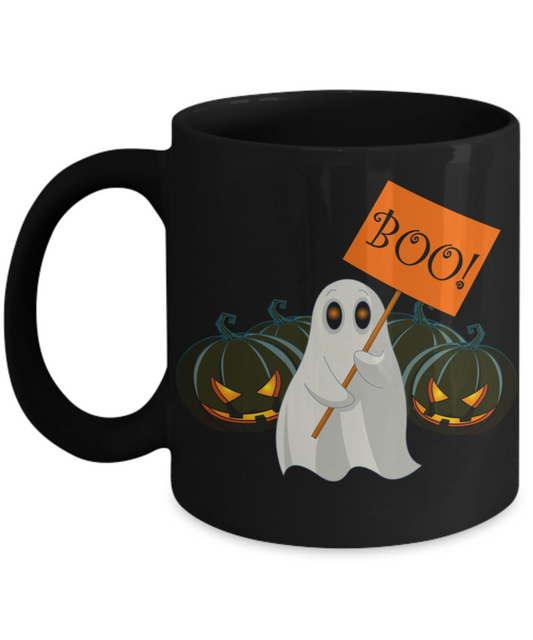 Halloween Boo Mugs - Black Porcelain Coffee Cup,Premium 11 oz Black coffee cup